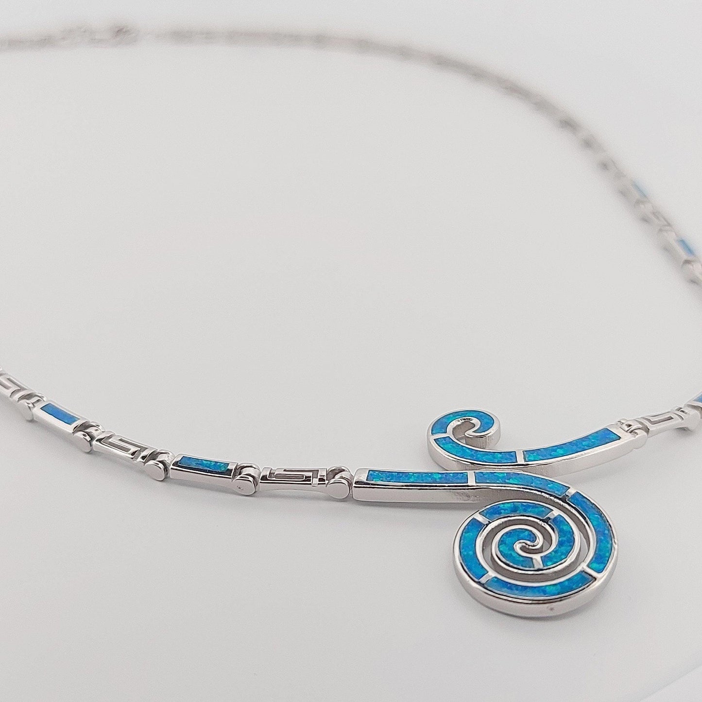 Blue Opal Sterling Silver Necklace, Spiral Meander Design