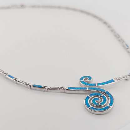 Blue Opal Sterling Silver Necklace, Spiral Meander Design