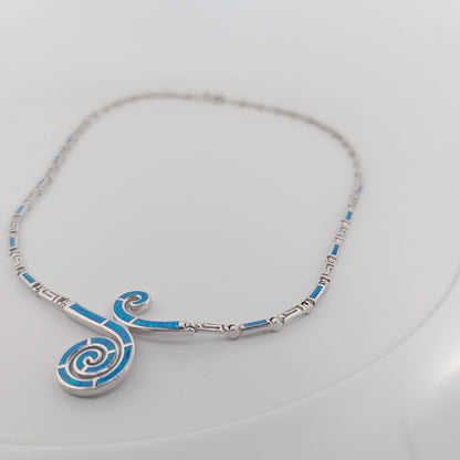 Blue Opal Sterling Silver Necklace, Spiral Meander Design
