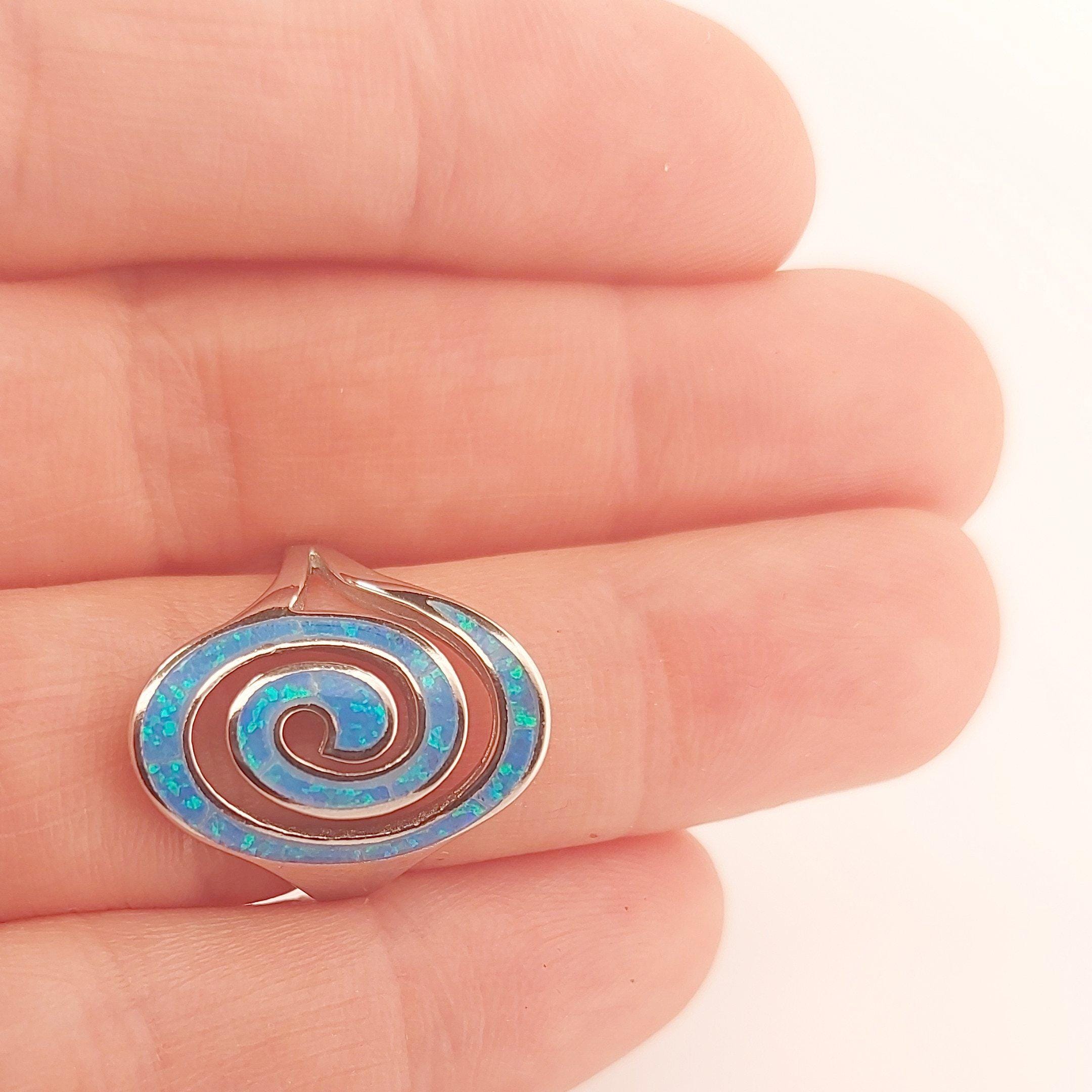 Blue Opal Silver Ring, Greek Key Spiral Design, Statement Ring
