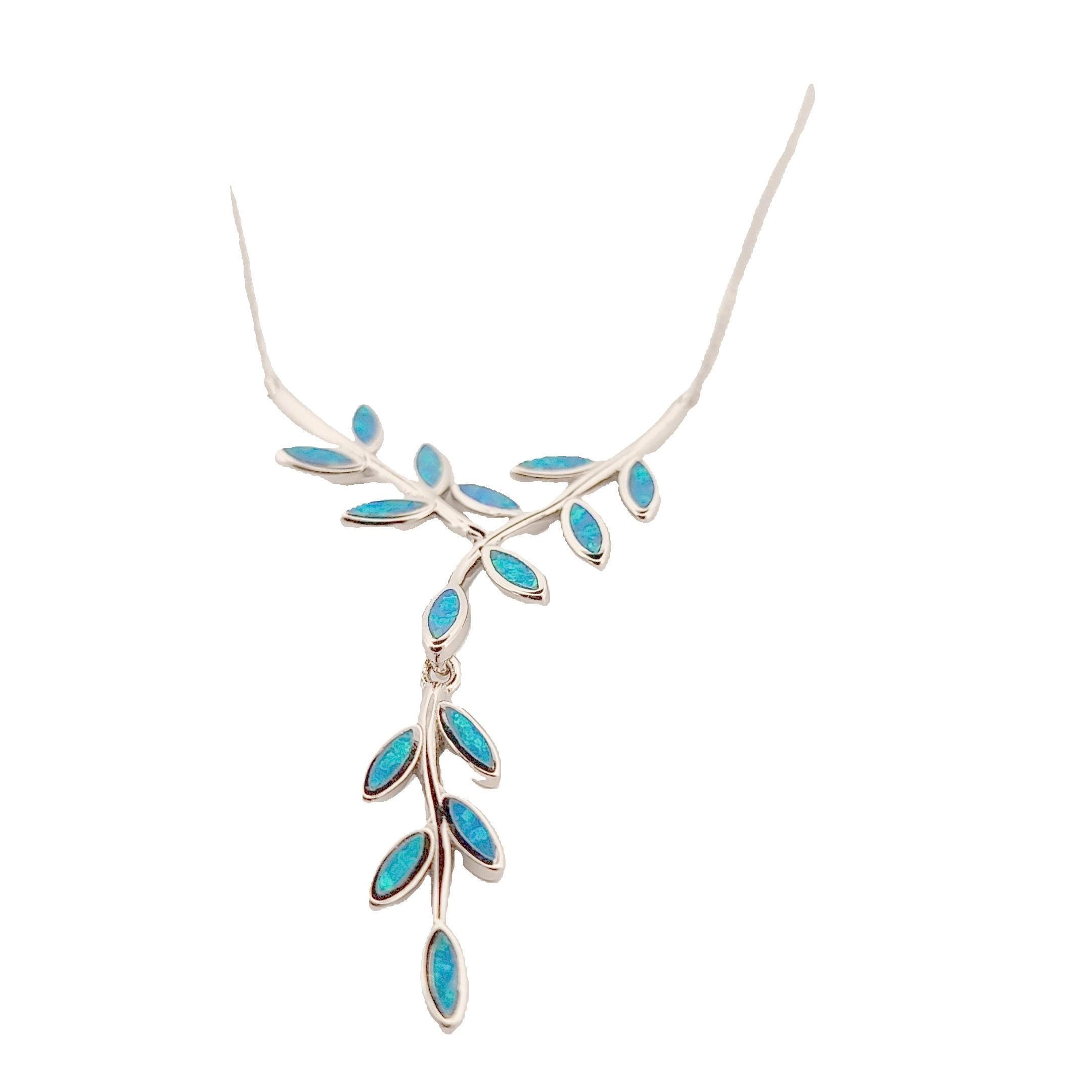 Sterling Silver Blue Opal Olive Branch Leaf Pendant Necklace