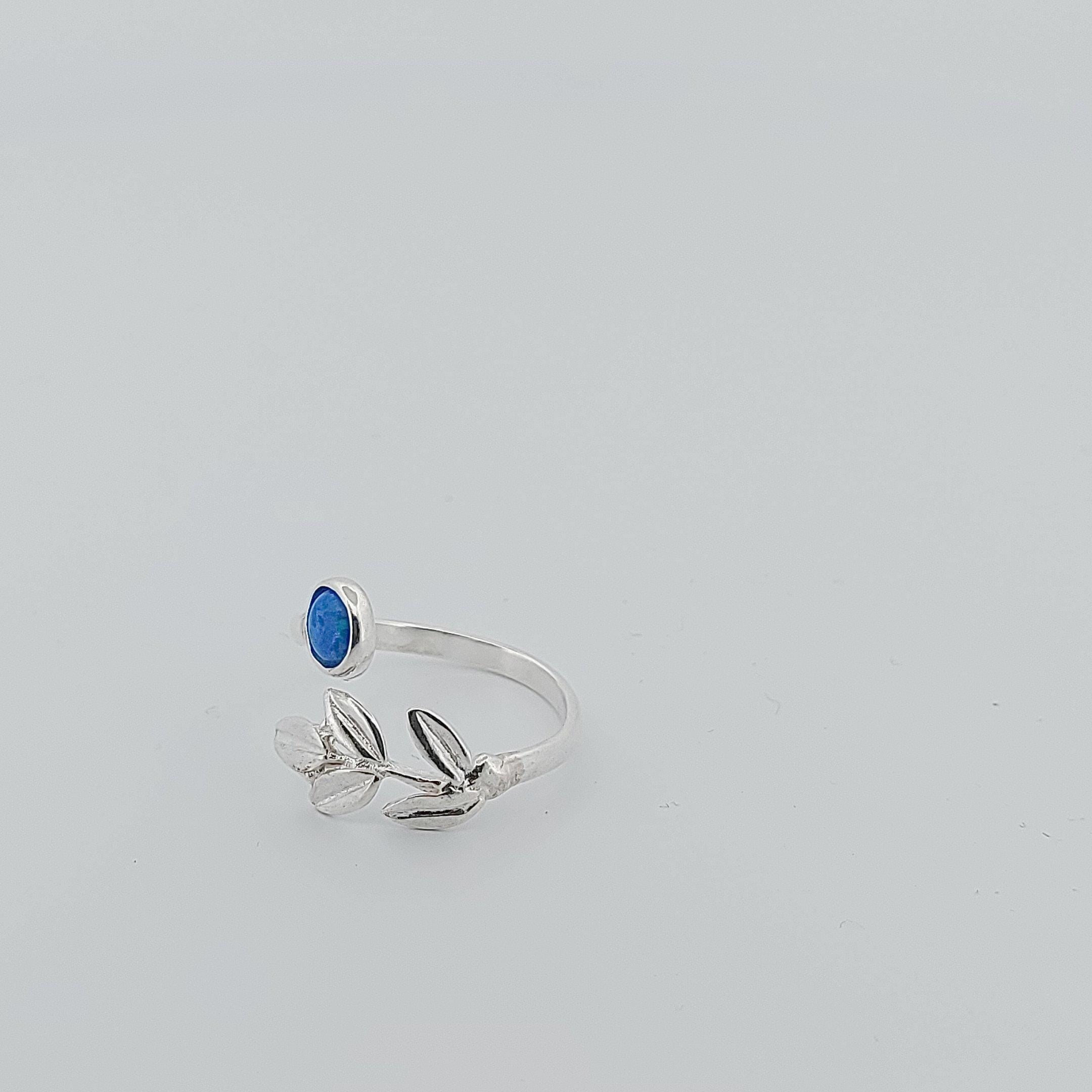 Silver Blue Opal Ring with Olive Leaf Design, Greek Collection, 925 Silver