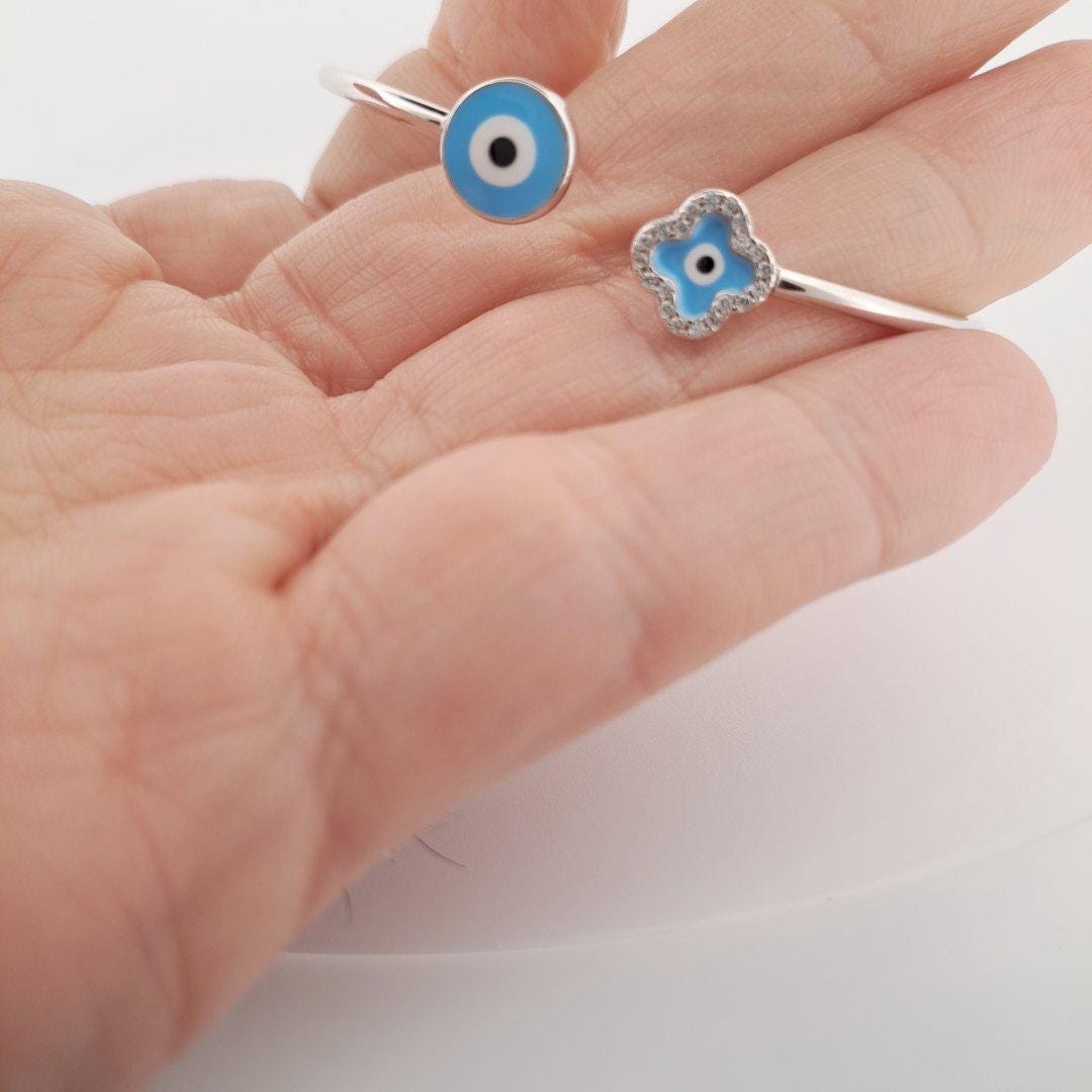 Evil Eye Bangle – Silver Open Cuff Bracelet with Blue Enamel & Zirconia Charm