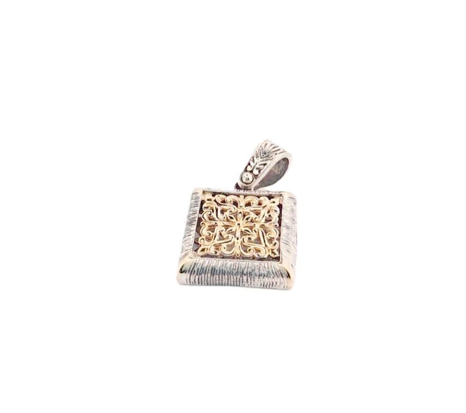 Byzantine Square Pendant – Two Tone Necklace With Ornate Cross Art Design