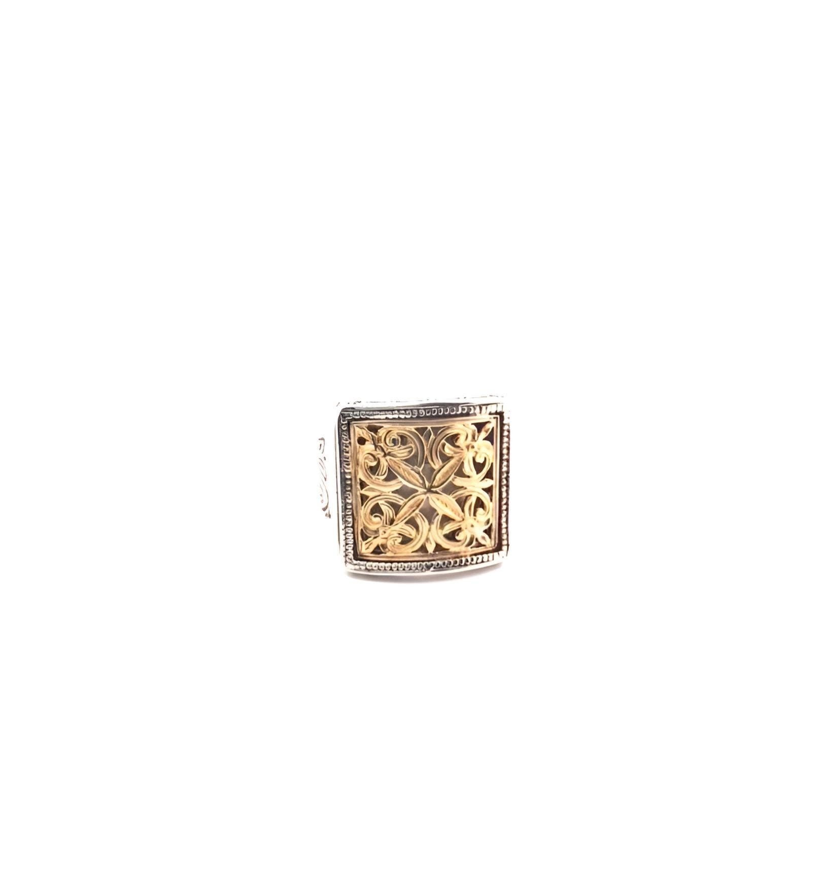 Byzantine Gold Ring - Ornate Filigree Square Cross Wide Band Silver Statement