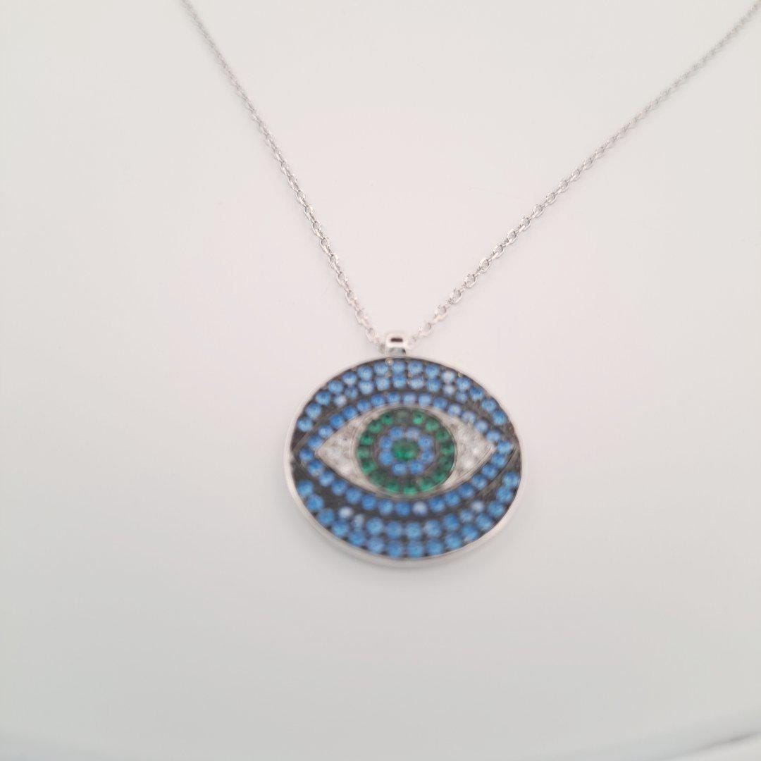 Evil Eye Pendant Necklace - Silver Zirconia Eye Charm with Blue Green Stones