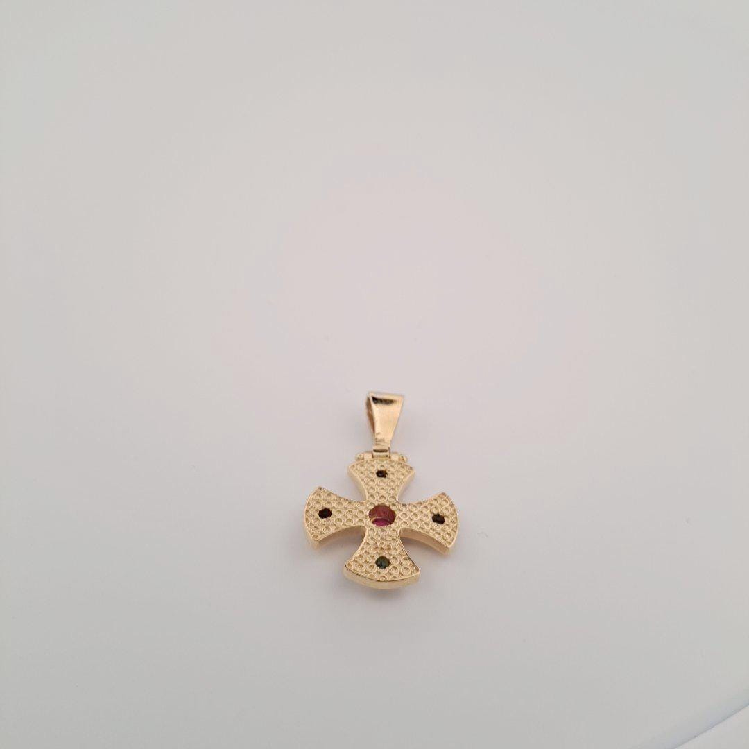 Gold Plated Cross Pendant – Byzantine Red Green Gemstone Antique Greek Charm