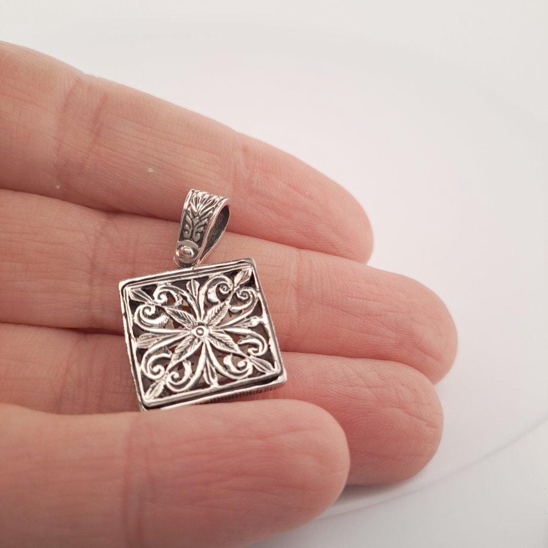 Byzantine Square Pendant – Two Tone Necklace With Ornate Cross Art Design