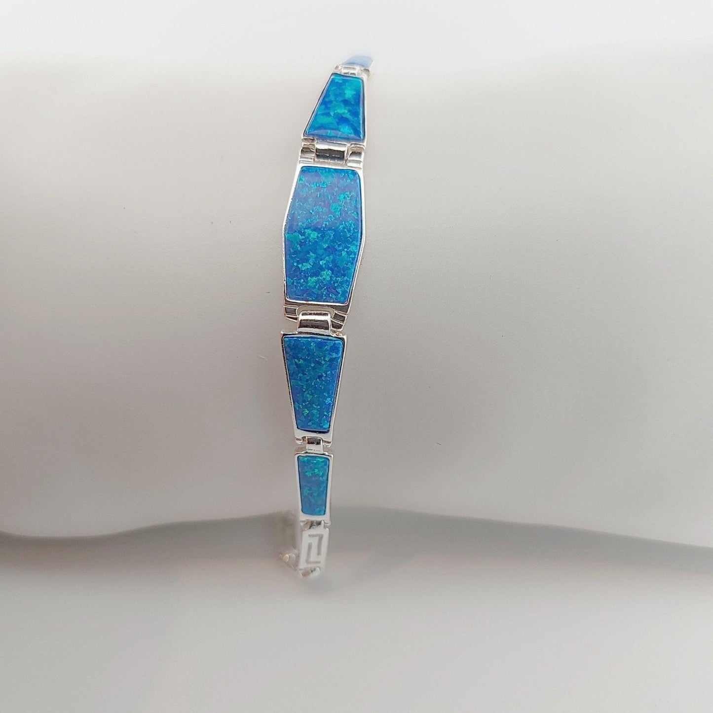 Blue Opal Silver Greek Key Bracelet, Greek-Inspired Design