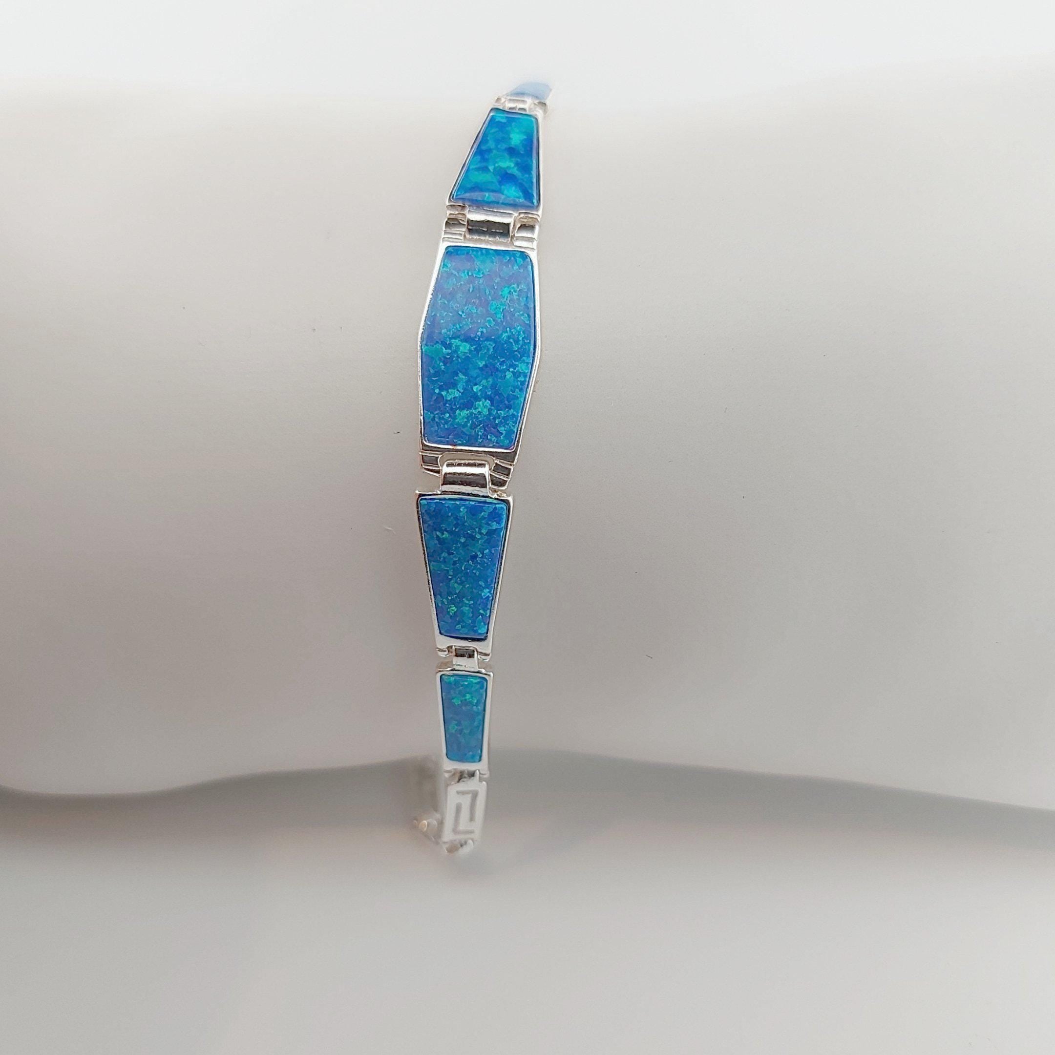 Blue Opal Silver Greek Key Bracelet, Greek-Inspired Design