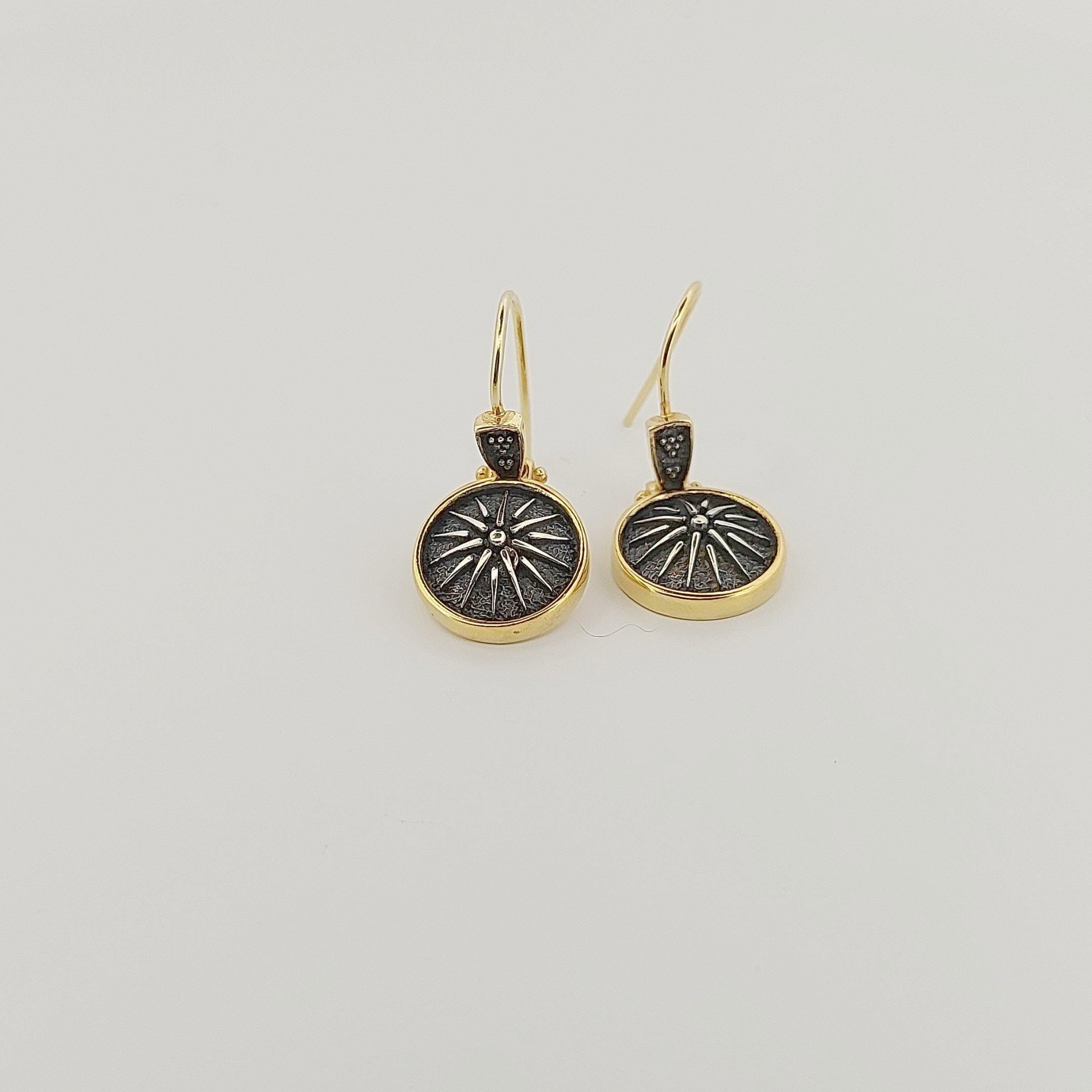 Macedonian Star Dangle Earrings, Silver Gold Plated, Vergina Sun Design, Ancient Greek Style