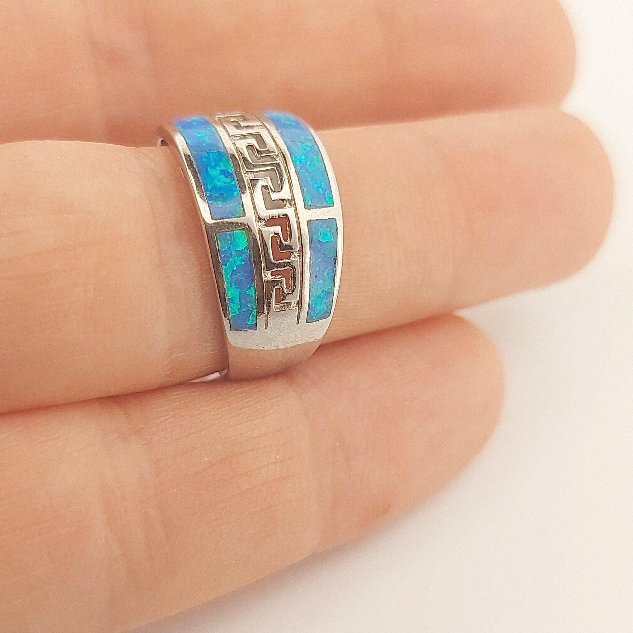 Blue Opal Ring, Sterling Silver Greek Key Meander Design, Statement Band