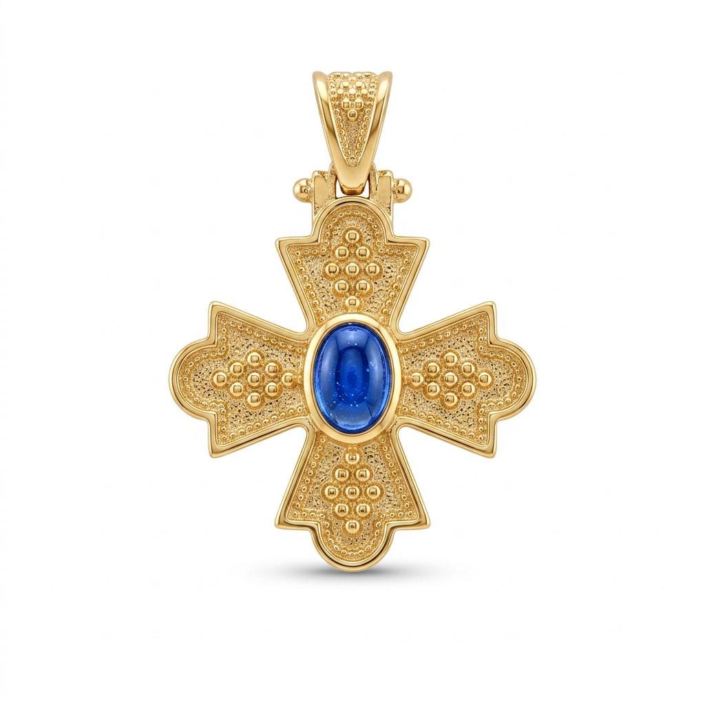 Gold Cross Pendant – Byzantine Cross Charm with Blue Gemstone, Antique Greek Jewelry