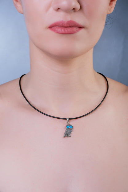 Sterling Silver Greek Owl Pendant: Athena Symbol, Evil Eye