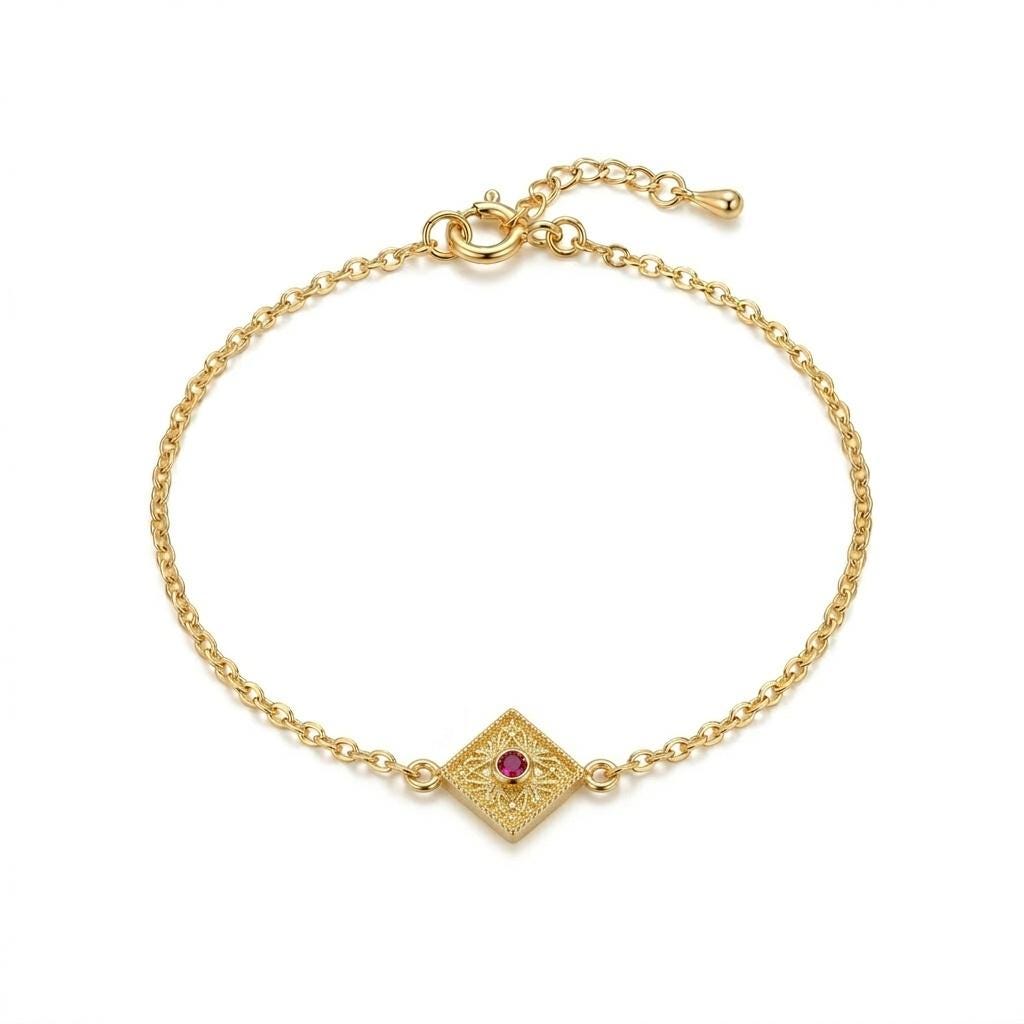 Byzantine Gold Bracelet – Sterling Silver Adjustable Chain With Red Gemstone Charm