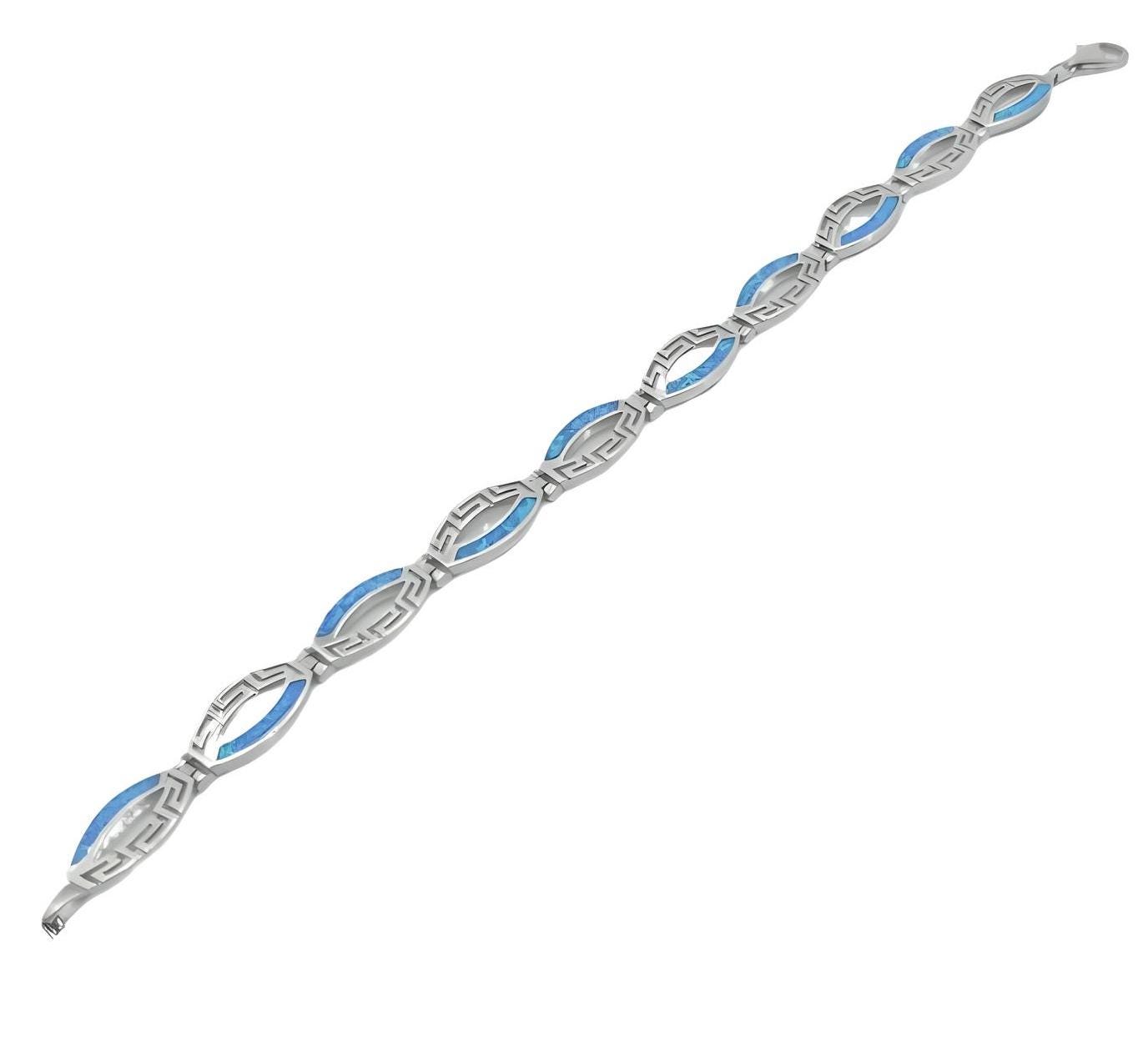Sterling Silver Greek Key Bracelet, Blue Opal Inlay, Meander Design
