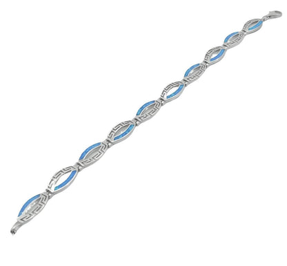 Sterling Silver Greek Key Bracelet, Blue Opal Inlay, Meander Design