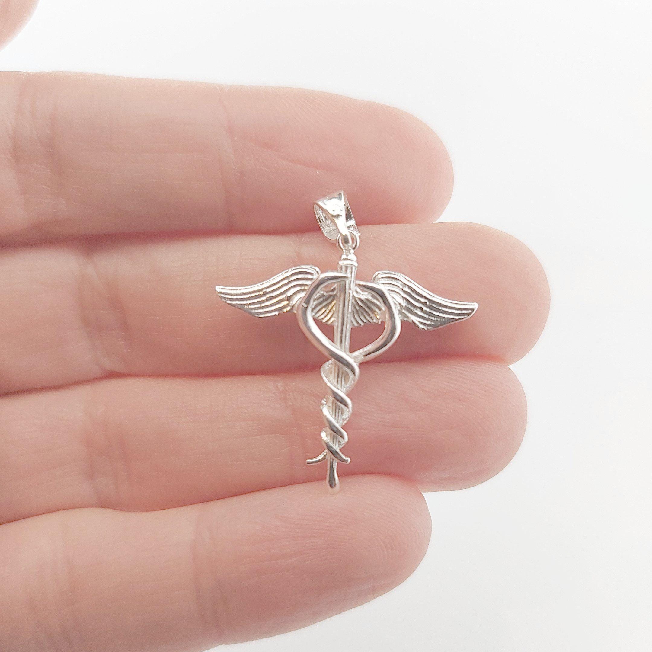 Sterling Silver Caduceus Medical Symbol Pendant, Wings and Snake Design