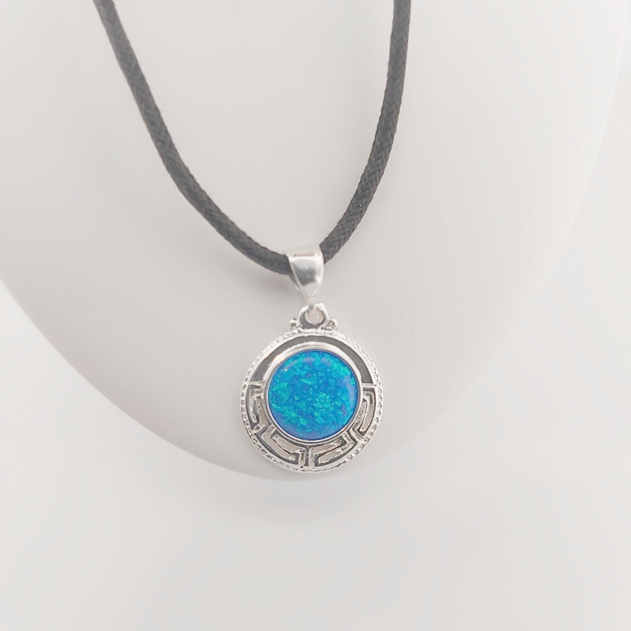 Blue Opal Silver Pendant: Greek Key Necklace