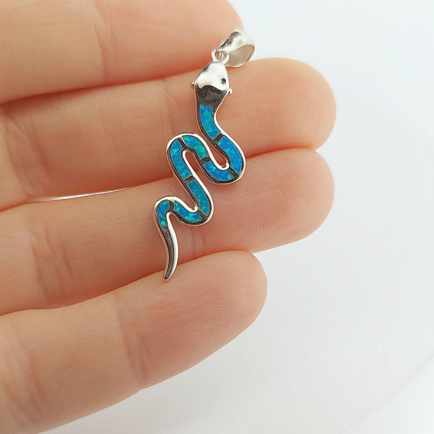 Sterling Silver 925 Snake Pendant with Blue Opal Inlay