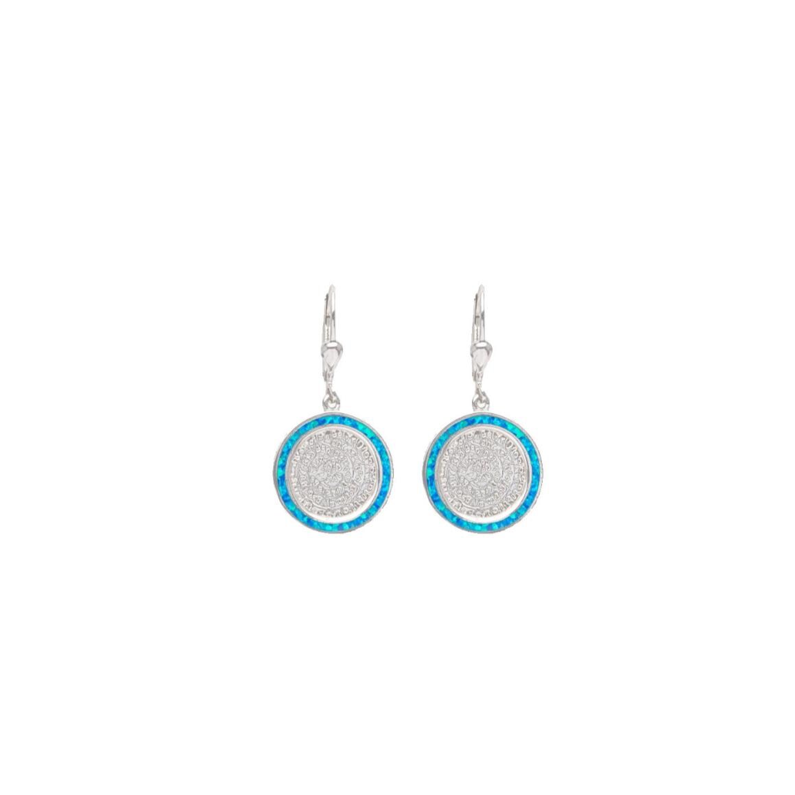 Silver Phaistos Disc Dangle Earrings: Blue Opal, Ancient Greek Design