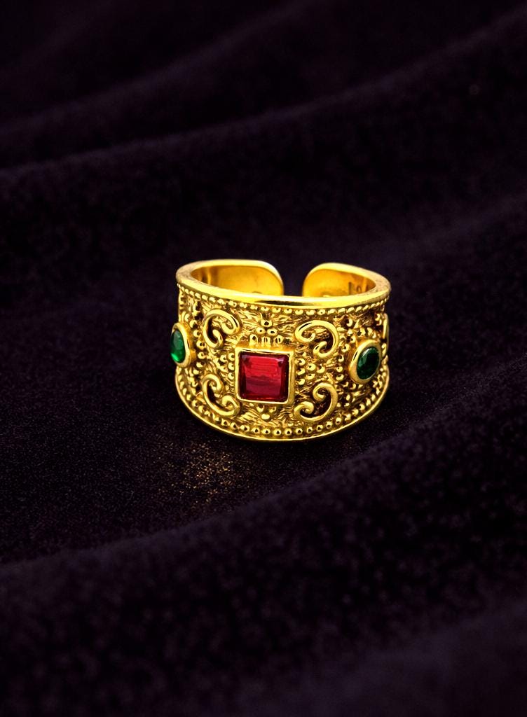 Byzantine Filigree Ring – Gold Tone Adjustable Cuff With Red & Green Zircon