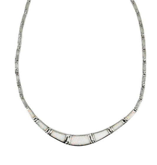White Opal Greek Key Necklace, Sterling Silver Meander Design