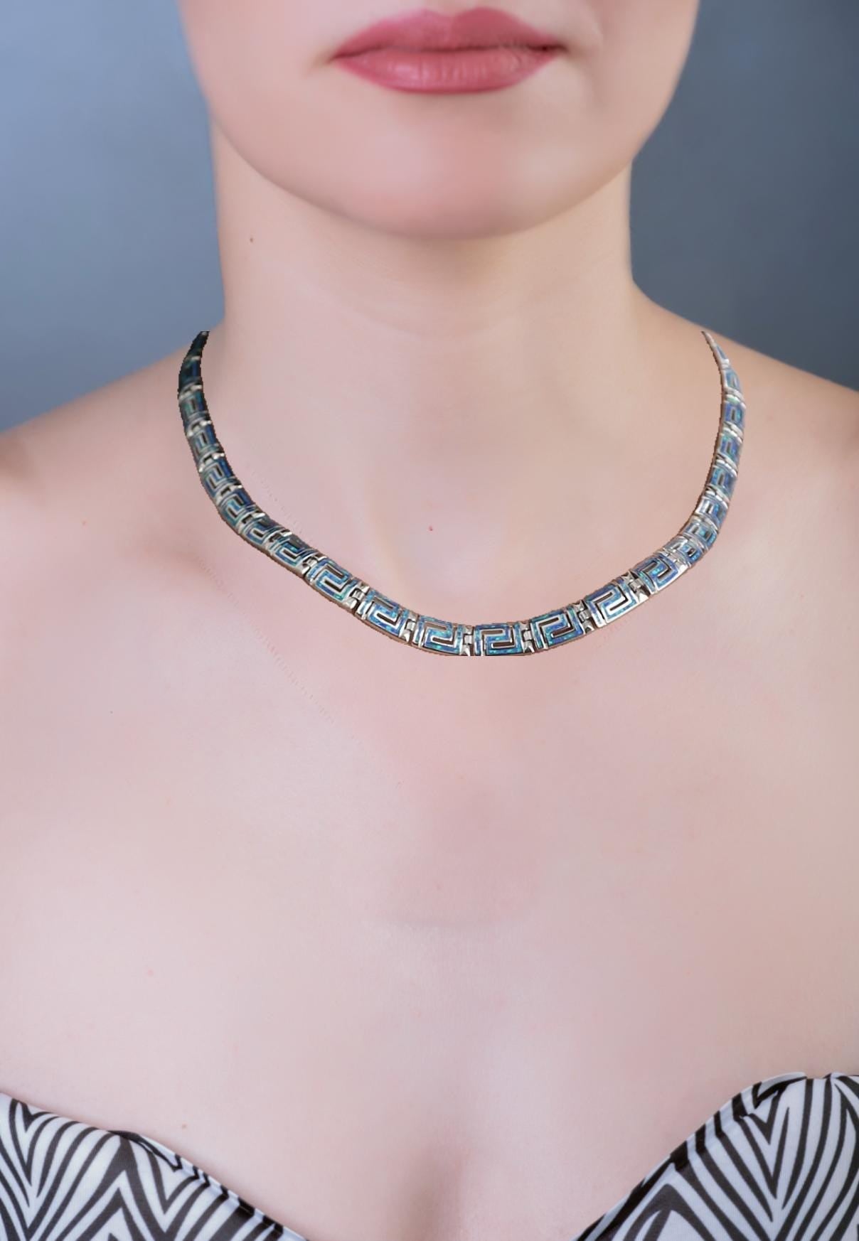 Blue Opal Necklace, Meander Greek Key, Silver 925, Ancient Greek Design