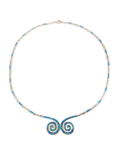 Blue Opal Double Spiral Necklace, Greek Key Meander Design