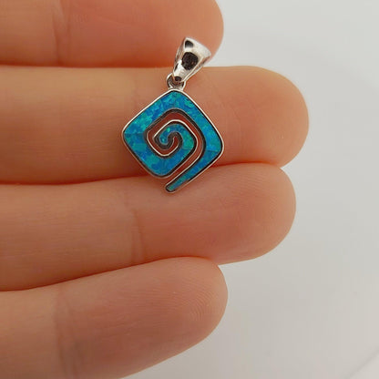 Blue Opal Greek Key Pendant: Sterling Silver Meander Necklace