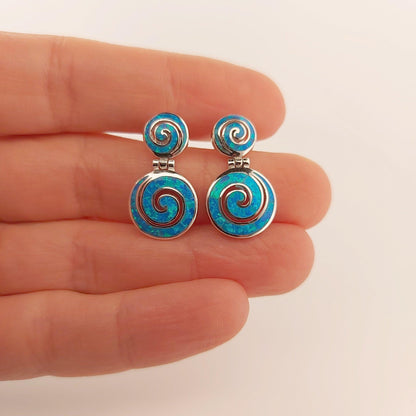 Sterling Silver Blue Opal Dangle Earrings: Greek Key Meander Design