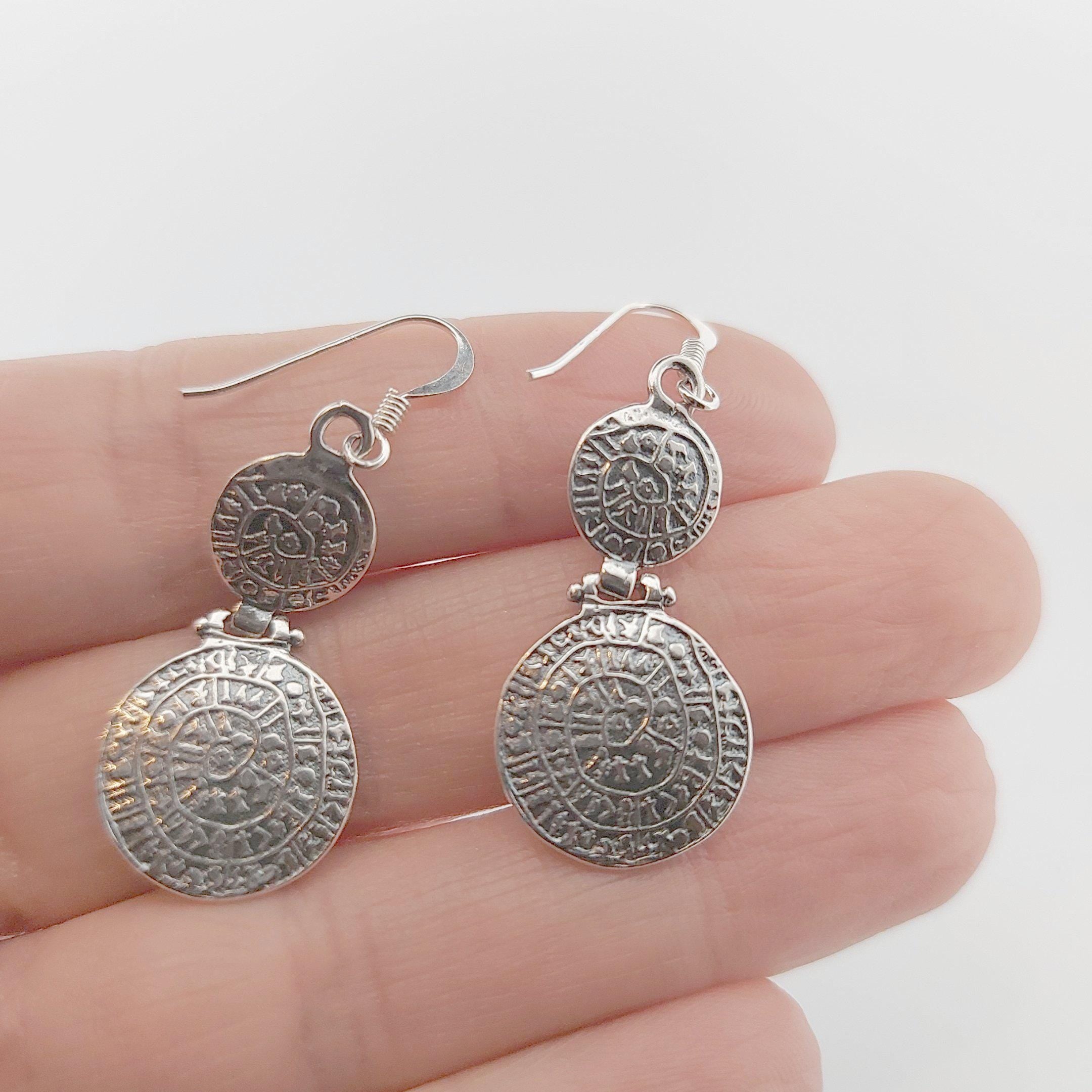 Sterling Silver Phaistos Disc Earrings: Ancient Greek Double Drop