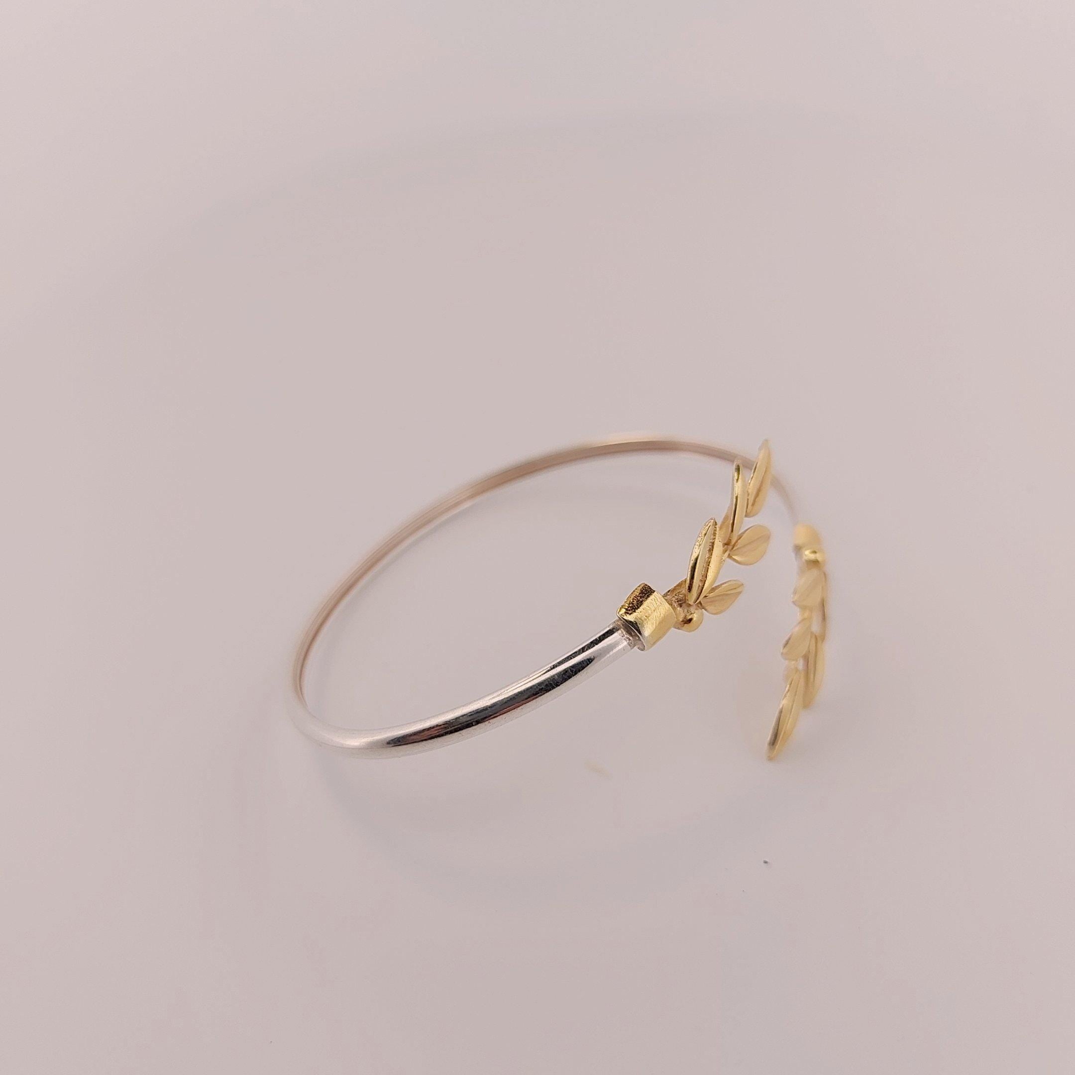 Olive Leaf Bracelet, Silver and Gold Plated Bangle, Greek Inspired Design, Leaf Motif