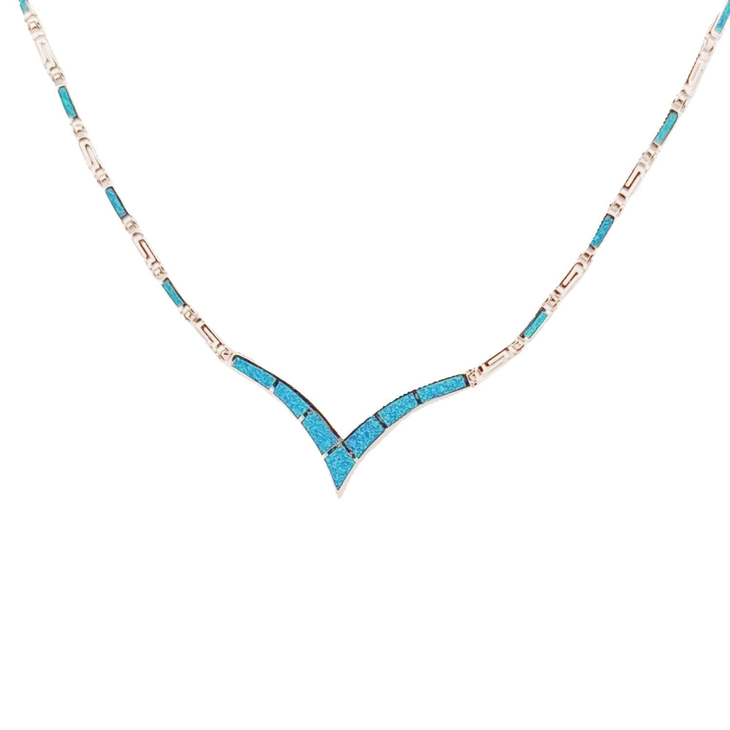 Sterling Silver 925 Blue Opal Necklace with Greek Key Meander Design