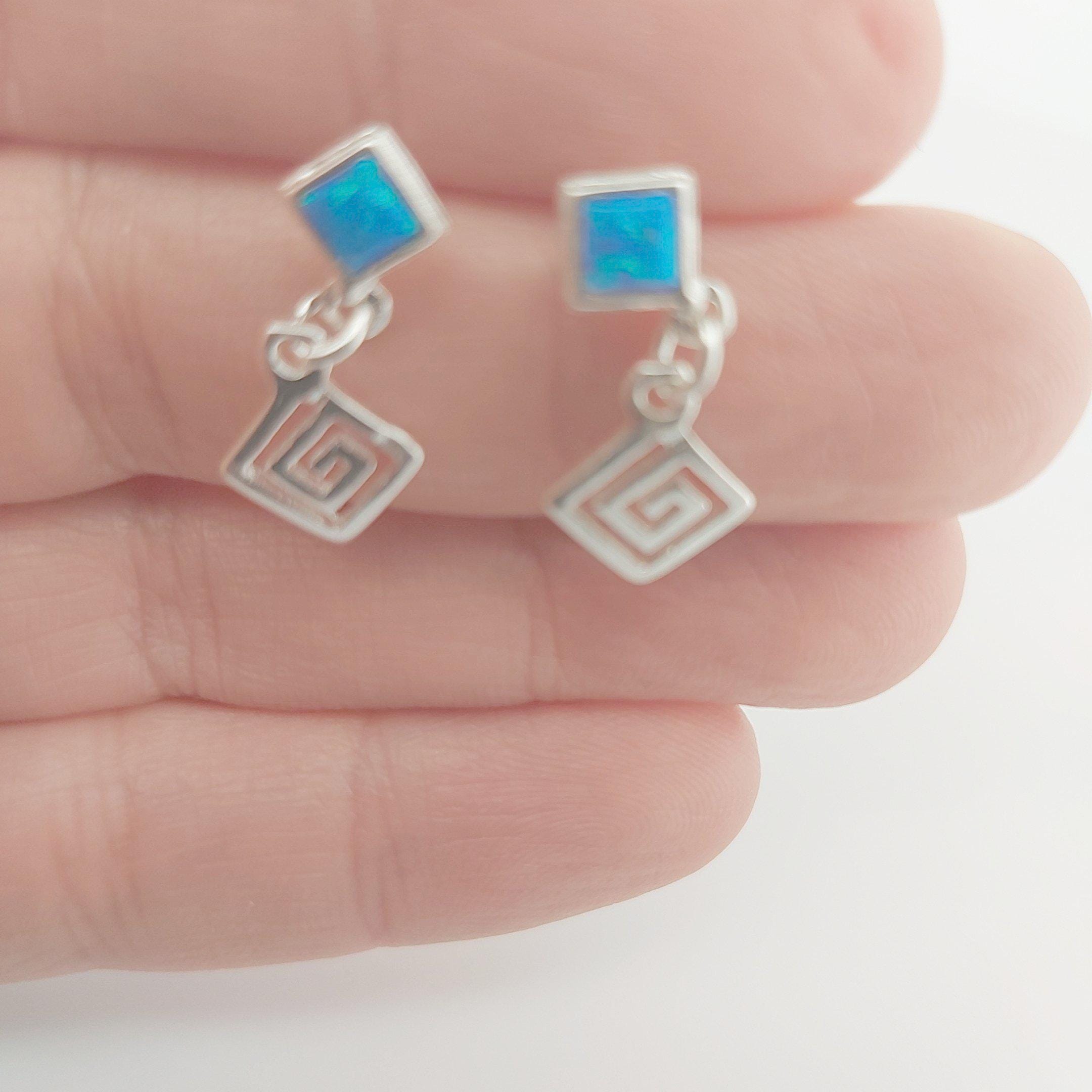 Sterling Silver Opal Dangle Earrings: Greek Key Meander Design