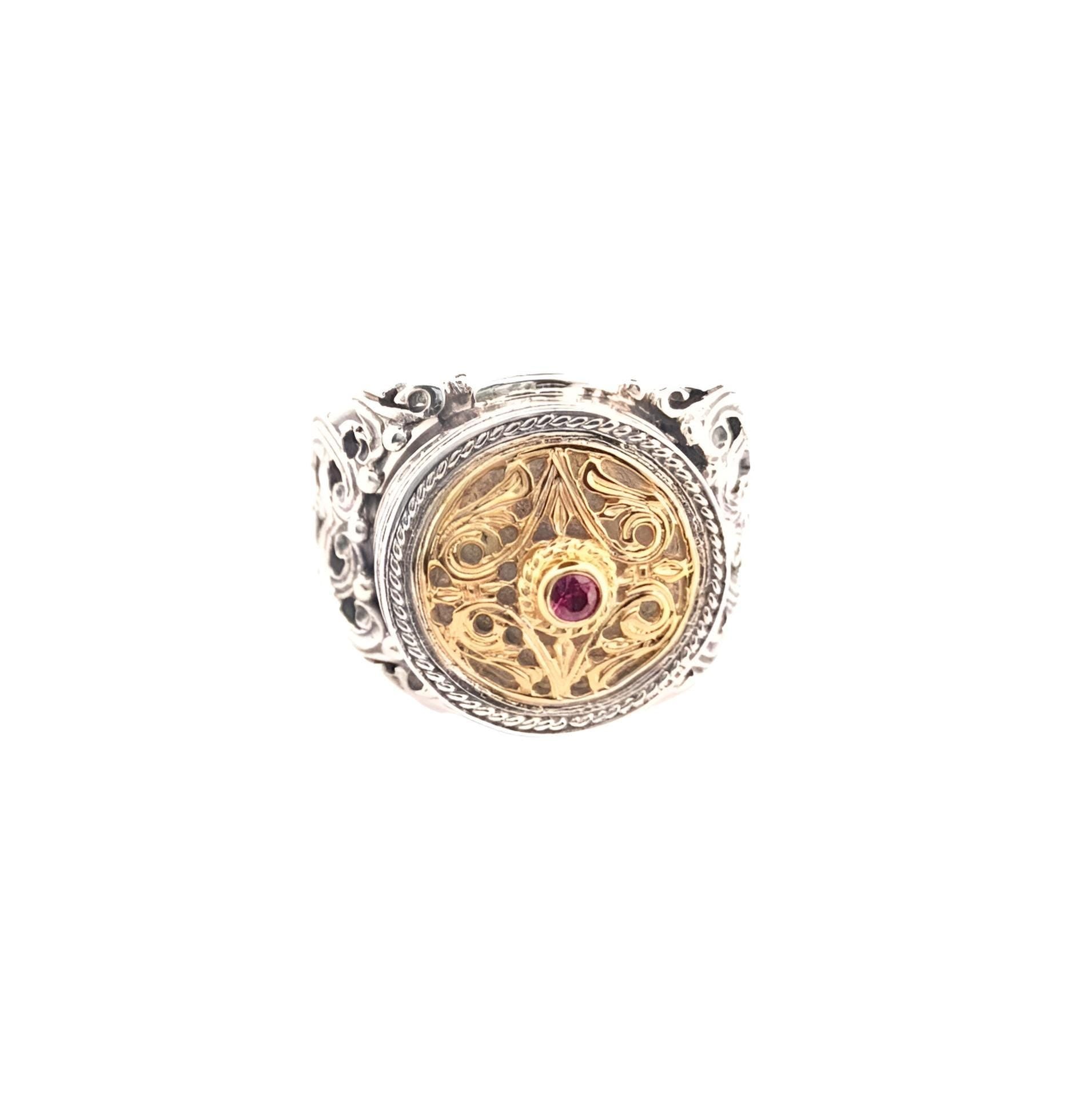 Byzantine Ruby Ring – Gold Plated Sterling Silver Band With Medieval Filigree