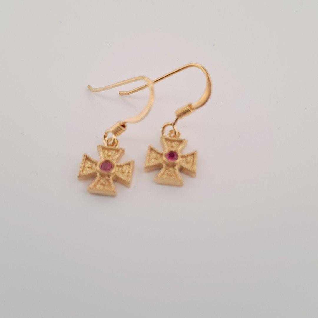 Byzantine Cross Earrings – Gold Plated Drop Earrings with Synthetic Gemstone