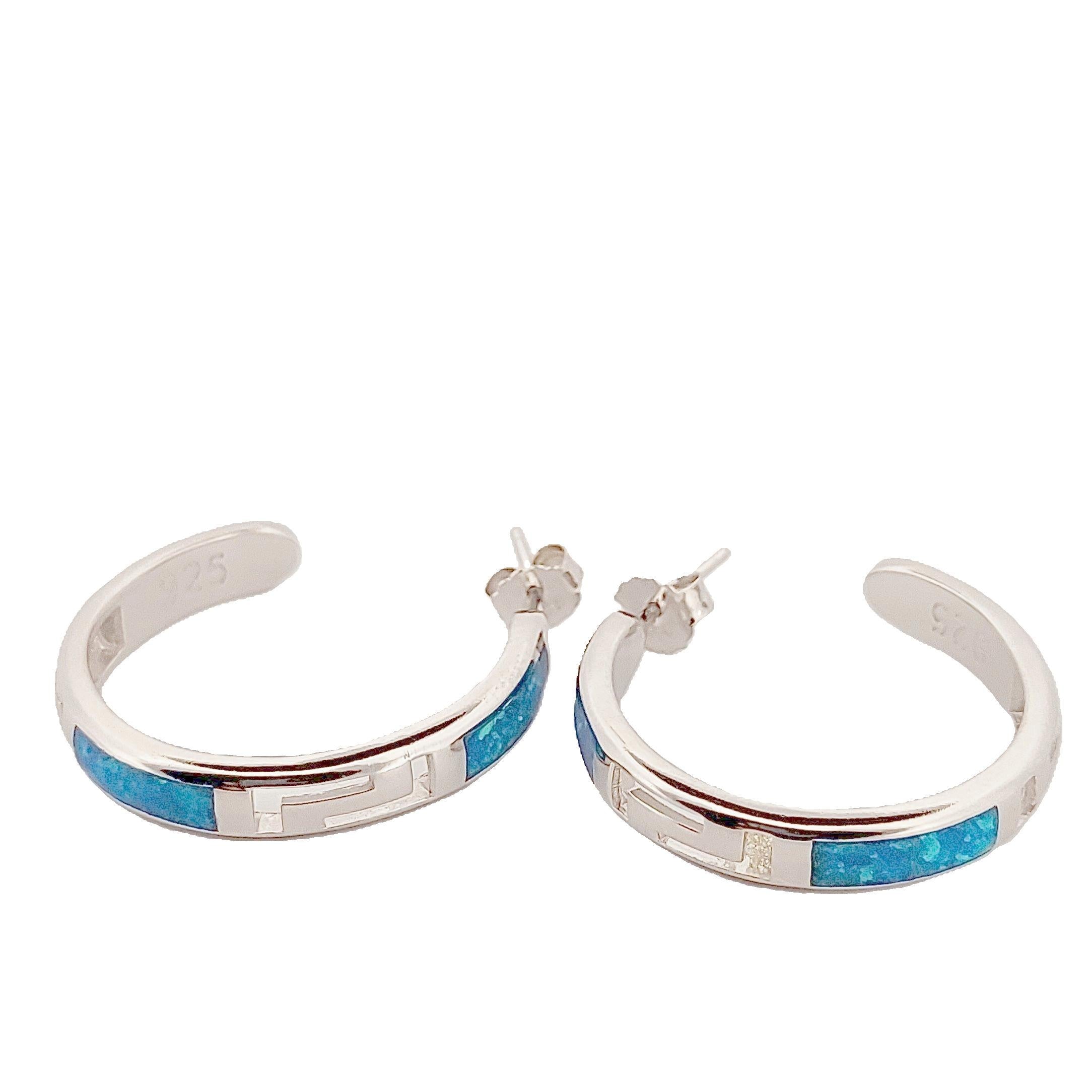 Sterling Silver Opal Hoop Earrings, Greek Key Meander Design