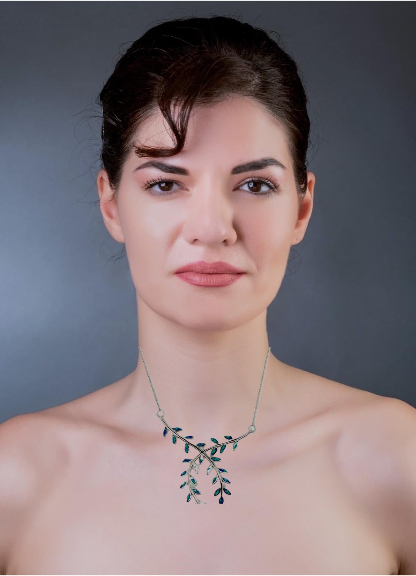 Blue Opal Olive Branch Necklace: Sterling Silver Nature Jewelry