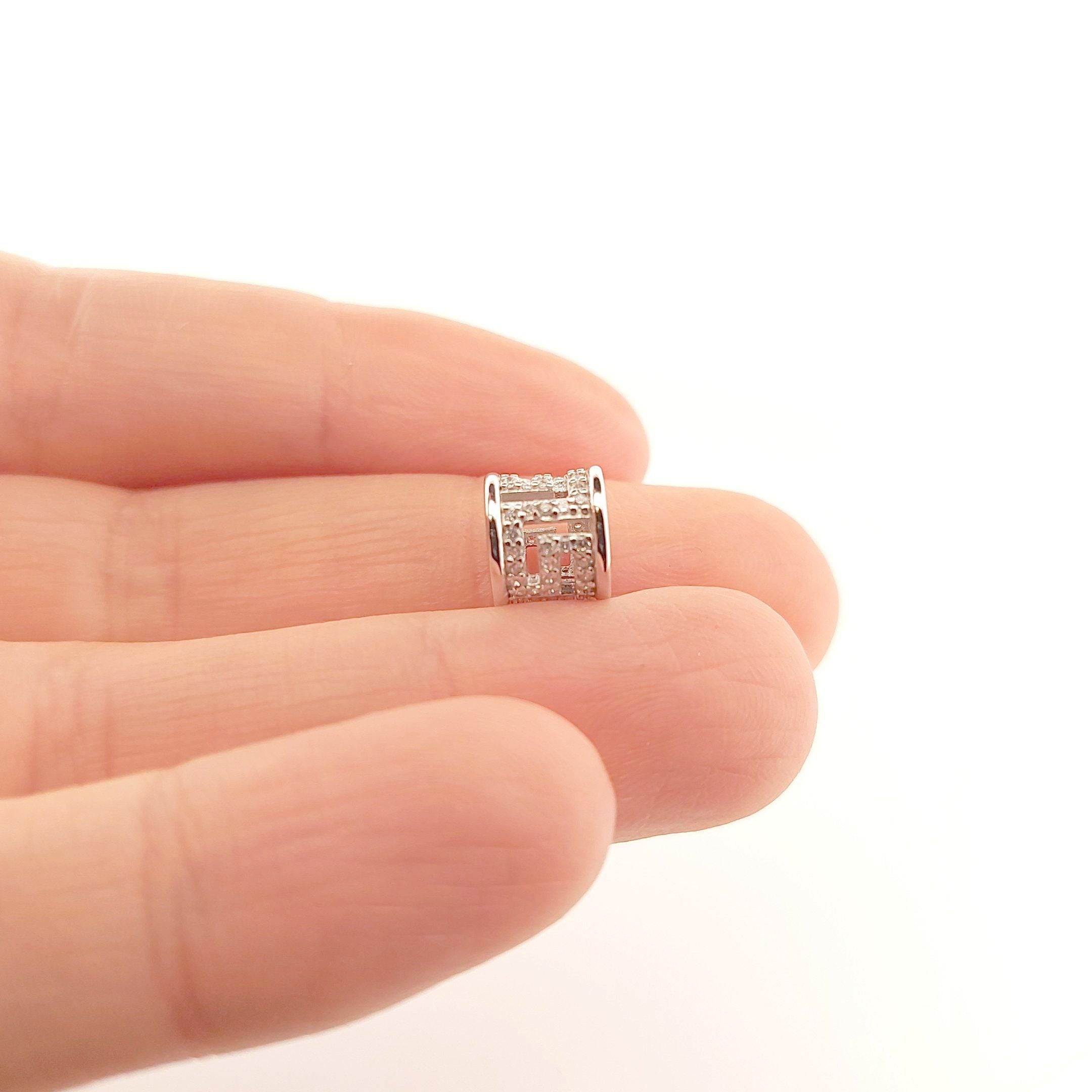 Greek Key Sparkling White Stones Charm Bead, Sterling Silver Bracelet Charm, Fits Pandora Bracelets