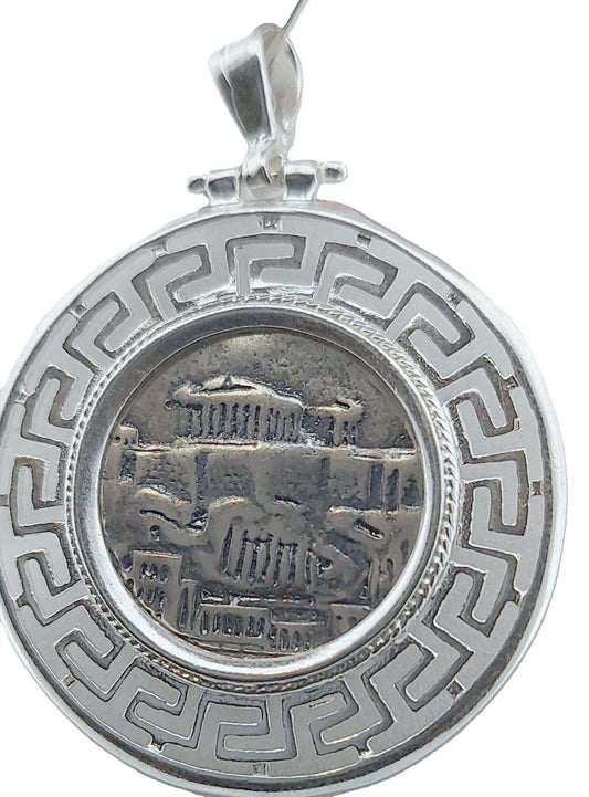 Sterling Silver Greek Pendant: Acropolis & Athenian Owl Coin