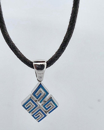 Sterling Silver 925 Blue Opal Greek Key Pendant, Rhombus Shape, Meander Design