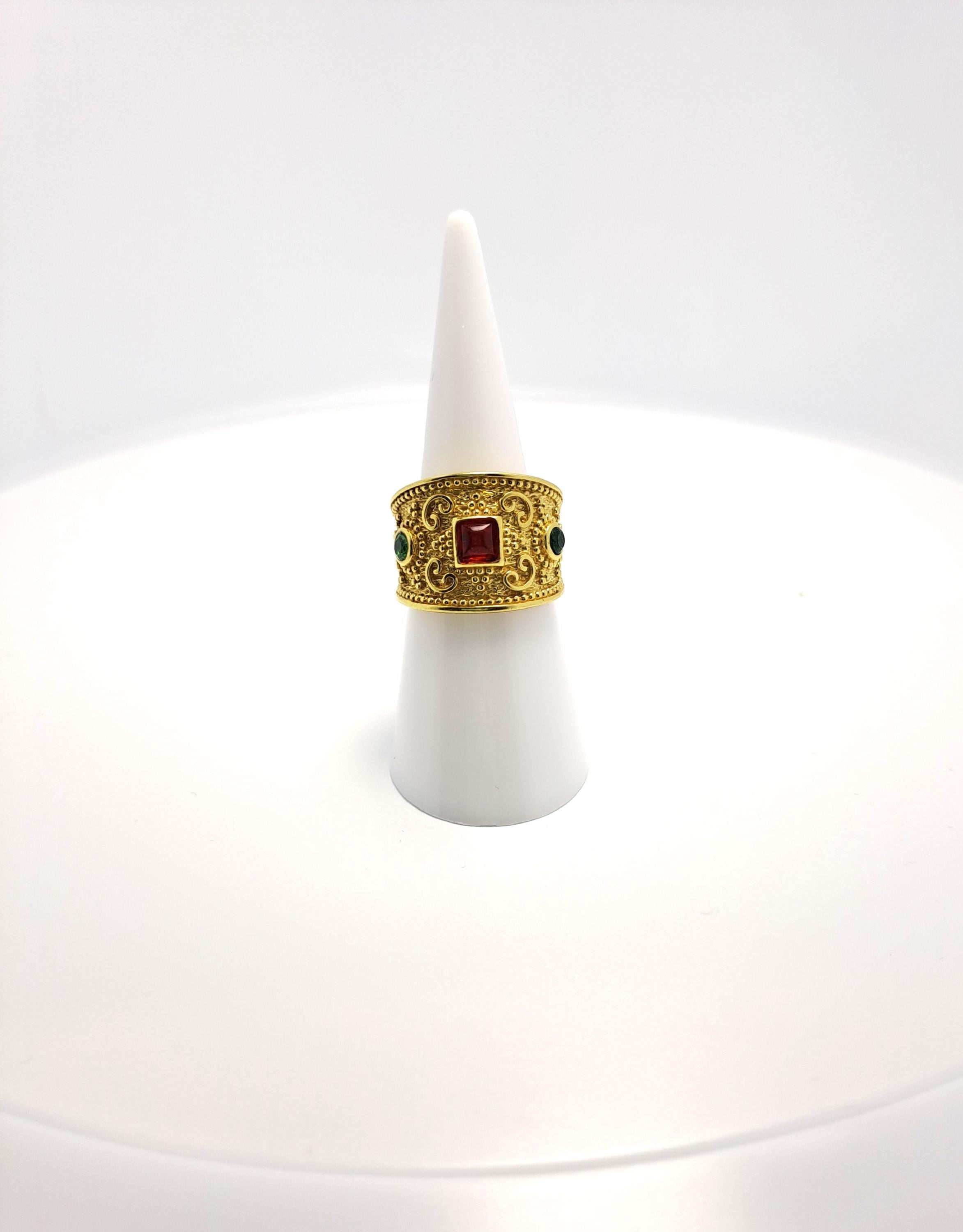 Byzantine Filigree Ring – Gold Tone Adjustable Cuff With Red & Green Zircon