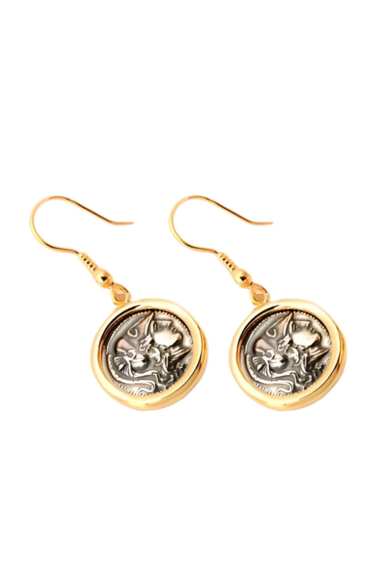 Greek Goddess Athena Dangle Earrings, Silver Gold Plated, Antique Coin Design, Greek Jewelry Motif