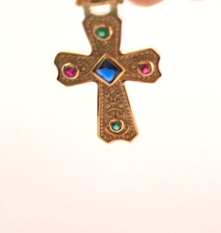 Gold Plated Cross Pendant – Byzantine Cross Jewelry with Blue Gemstone & Antique Style