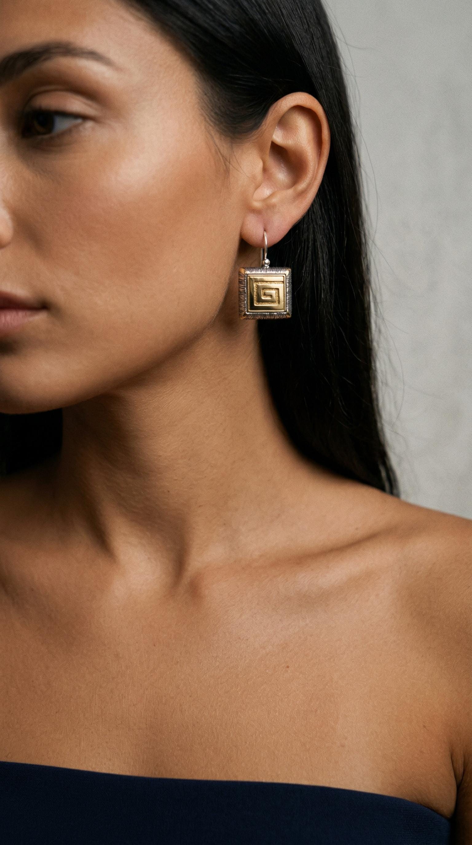 Greek Key Dangle Earrings – Two Tone Byzantine Style Square Drop Jewelry