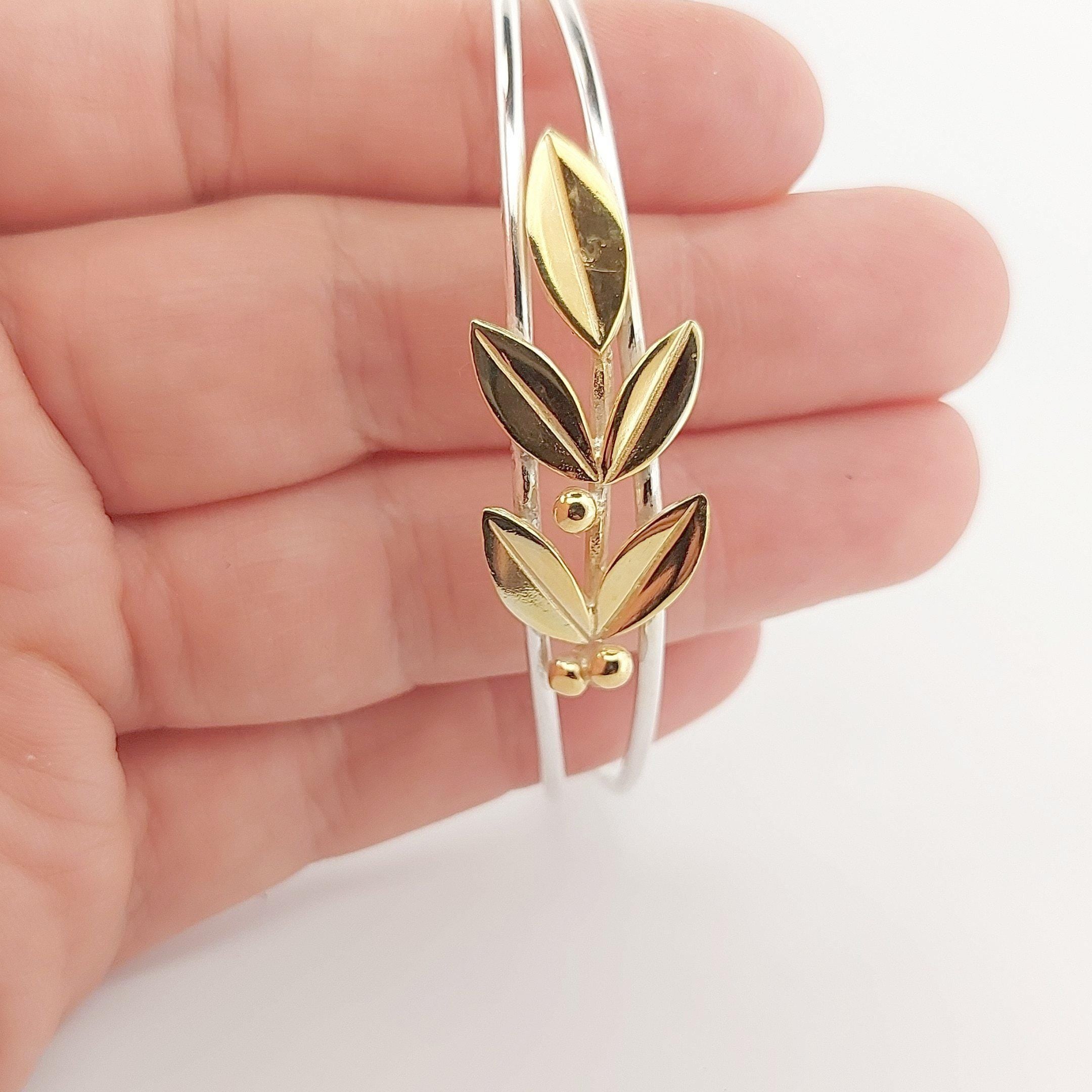 Olive Leaves Bracelet, Silver Dual-Band Cuff with Gold Plated Greek Design, Elegant Leaf Motif