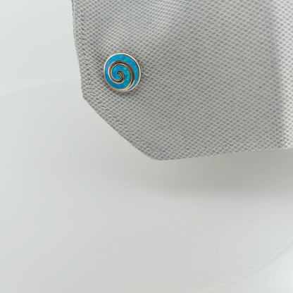 Blue Opal Greek Key Cufflinks, Sterling Silver, Meander Round Design, 925 Silver