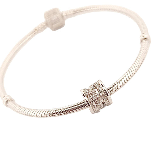 Greek Key Sparkling White Stones Charm Bead, Sterling Silver Bracelet Charm, Fits Pandora Bracelets