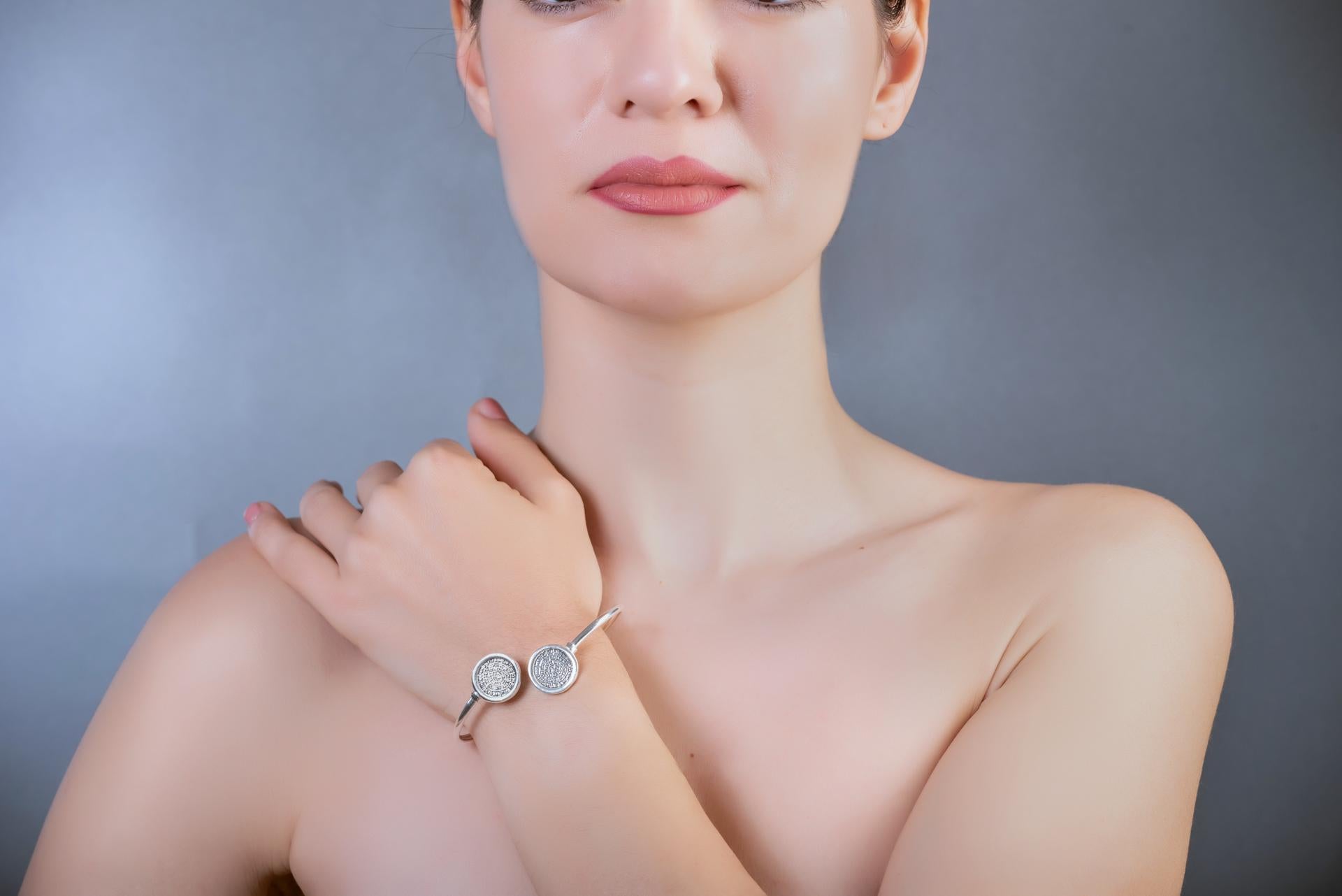 Sterling Silver Disc of Phaistos Cuff Bracelet: Ancient Greek Medallion